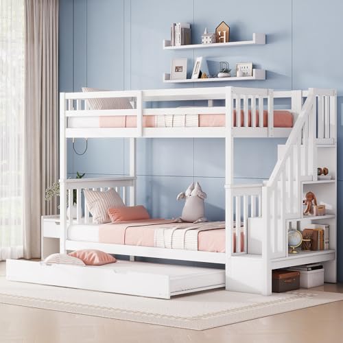 Etagenbett Kinderbett 90x200 mit Ausziehbett und Treppe, Platzsparendes Hochbett für 3 Kinder, Jugendbett Stockbett Funktionsbett mit Rausfallschutz und Lattenrost, Kiefernholz, Weiß, ohne Matratze von MYBOO