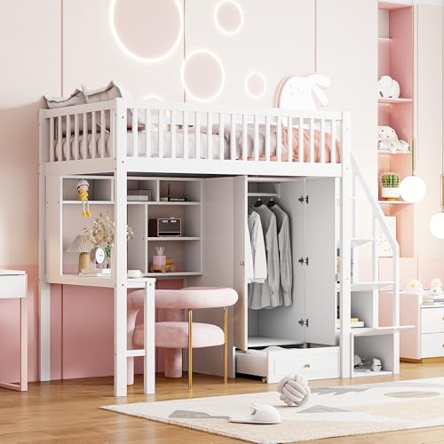 Hochbett Kinderbett 90×200 mit Kleiderschrank, Schreibtisch und Stauraum Treppe, Funktionsbett Jugendhochbett Doppelbett Etagenbett, Holzbett mit Rausfallschutz und Lattenrost, Ohne Matratze (Weiß) von MYBOO