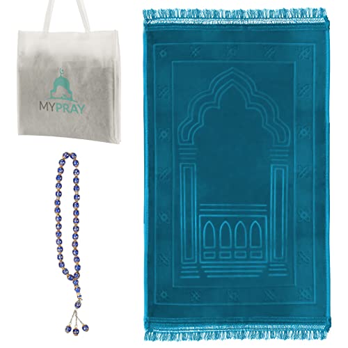 MYPRAY - Gebetsteppich - dick - 3er Set Seccade - mit Tesbih und Tasche (türkisblau) von MYPRAY