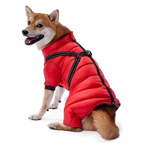 MZFGIJNBO Hunde Winter Warme Flauschige Jacke Overalls for kleine mittelgroße Hunde wasserdichte Reißverschluss Hund Mantel mit Gurtzeflektierende Hundekleidung(Color:Red,Size:14) von MZFGIJNBO