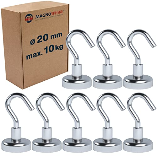 Magnethaken extra stark Hakenmagnete Ø 20mm, max. 10 kg - 8er Set, Magnet Haken als Halter - Magnetische Haken für Zubehör, starke Magnete mit Haken von Magnosphere