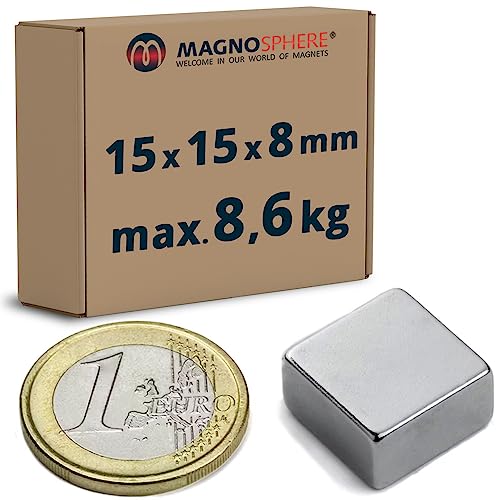 Quadermagnet Magnet-Quader Neodym (NdFeB) - Größe & Stückzahl wählbar - Haftkraft bis 800kg - Starke Block-Magnete (Supermagnete), Menge/Größe: 5 Stück - 15x15x8mm | 8.6kg Haftkraft von Magnosphere