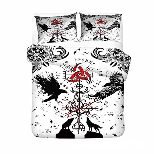 Kinderbettwäsche 135x200cm Jungen Wikinger Wolf Fenrir Bettbezug Set 3 Teilig Odin Krähe Baum des Lebens Microfaser Einzelbett 3D Motiv Luxus Modern mit Reißverschluss und 2 Kissenbezüge 80 x 80cm von MaiShaRui