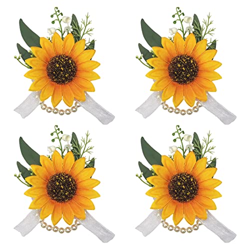 Maizoon Handgefertigte Kunst-Sonnenblumen-Handgelenk-Blumen, für Herren, Damen, Kinder, Blumen, Handgelenk,formelle Party und Vintage-Hochzeit, Festliche Feiern (4 Sonnenblumen-Handgelenkblumen) von Maizoon