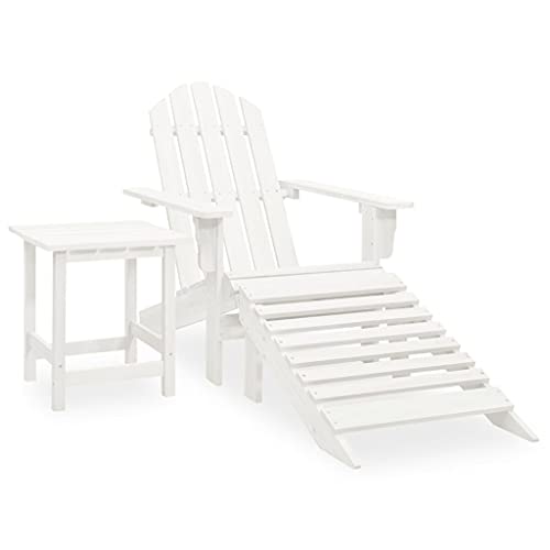 Adirondack Stuhl mit Fußstütze &Tisch, Gartenstuhl aus Massivholz mit Rückenlehne & Armlehnen, Gartensessel Holzstuhl Relaxstuhl für Balkon und Terrasse, Tannenholz Weiß von Makastle