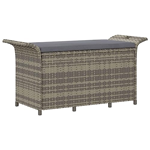 Makastle Sitzbank für Balkon und Garten, Gartenbank Kissenbox mit Stauraum, Sitzbank aus Poly Rattan für 2 Personen, Truhenbank mit Auflage, 116 x 46 x 57 cm Grau von Makastle