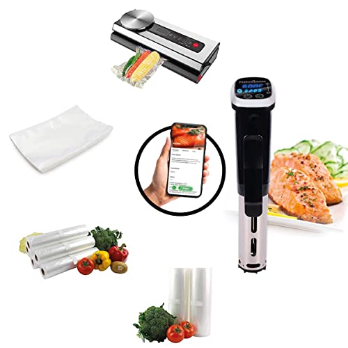 MakeCuisine - Roner Sous Vide - 3 in 1 Vakuumierer, Siegelgerät und Waage - 28 Rollen zum Verpacken und Versiegeln 600 cm und 20 von 300 cm - 50 Sous Vide Vakuumier- und Kochbeutel von MakeCuisine