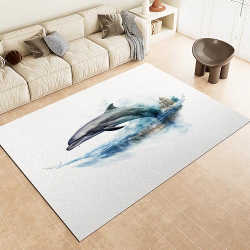 Malaoshi Teppiche Wohnzimmer150x210cm, Delfin Kurzflorteppich für Flur Läufer Schlafzimmer Kinderzimmer Küche, Tiere 3D rutschfest waschbar Fußmatte von Malaoshi