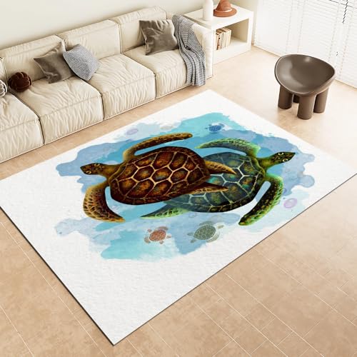 Malaoshi Teppiche Wohnzimmer150x210cm, Meeresschildkröte Kurzflorteppich für Flur Läufer Schlafzimmer Kinderzimmer Küche, Tiere 3D rutschfest waschbar Fußmatte von Malaoshi
