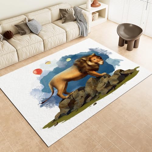 Malaoshi Teppiche Wohnzimmer180x240cm, Löwe Kurzflorteppich für Flur Läufer Schlafzimmer Kinderzimmer Küche, Tiere 3D rutschfest waschbar Fußmatte von Malaoshi