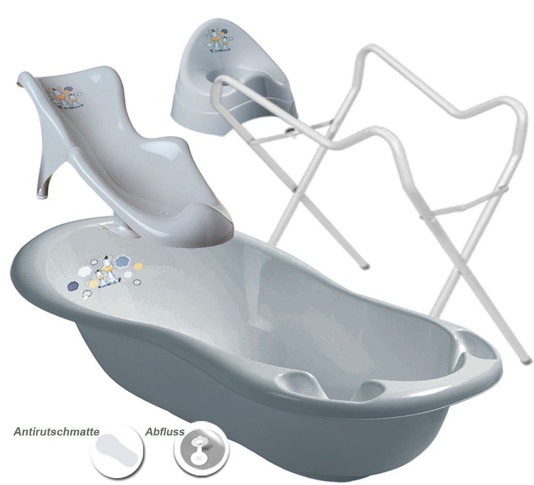 Maltex Babybadewanne 3 Teile SET - ZEBRA Grau + Ständer Weiss - Badeset Baby Wanne 84 cm, (Made in Europa Premium.set 3 Tlg +Ständer), ** Wanne + Sitz + Töpfchen + Ständer ** von Maltex