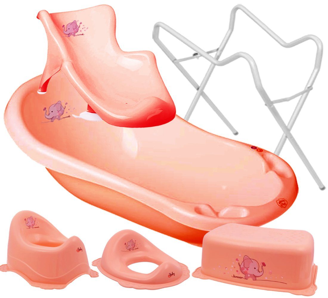 Maltex Babybadewanne 5 Teile SET – Elefant Rosa + Ständer Weiß -Baden, (Made in Europe Premium.set 5 tlg+Ständer), Wanne, Sitz, Topf, WC Aufsatz, Hocker, Gestell von Maltex