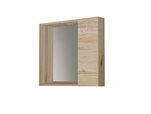 Mama Store Badspiegel mit Behälterfach und LED-Licht-Natürliche Eiche, Holz, L.60 cm X P. 16 cm X H.60 cm von Mama Store