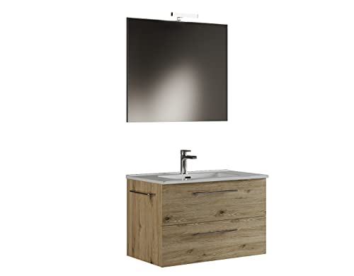 Mama Store ERA 80-Badezimmerschrank hängend 80 cm Eiche Natur mit Waschbecken, Spiegel und LED-Lampe, B, Holz, Quercia Naturale, L. 81 X P. 47 X H. 53 cm von Mama Store