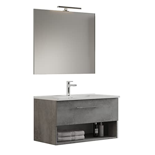 Mama Store GEA2 100 - Badezimmerschrank Hängeschrank 100 cm Schublade und Fach Zementgrau mit Waschbecken, Spiegel und LED-Lampe, L.101 x B.46 x H.45 cm Mama Store GEA2 100 - Badezimmerschrank Hängeschrank 100 cm Schublade und Fach Zementgrau mit Waschbecken, Spiegel und LED-Lampe, L.101 x B.46 x H.45 cm von Mama Store