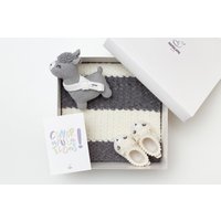 Neugeborenen Geschenkkorb Set Ideen Für Neugeborene Baby Mädchen Oder Jungen Häkeln Grau Lama Spielzeug Strickdecke Häschen Schühchen 07/12 von MamalamaKids