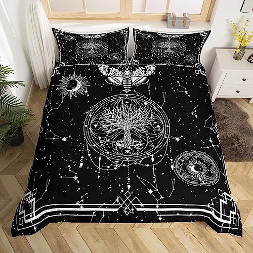 Abstrakte Baum Bettbezug Set S Größe,Gotische Tote Motte Bettwäsche Set Sun Moon Sternenhimmel Konstellation Tröster Abdeckung Kinder Mädchen Jungen Teens Geometrie Schwarz Weiß Quilt Cover von Manfei