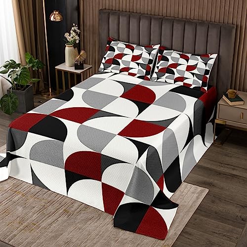 Abstrakte geometrische Tagesdecke S Größe,kreisförmige quadratische Gitter Bettwäsche Set Rot Schwarz Weiß Grau Tröster Set 2pcs Kinder Mädchen Zimmer Dekor Erwachsene Moderne Quilt Set,1 Kissenbezug von Manfei