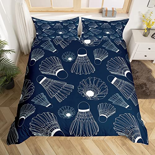 Badminton Silhouette Bettbezug Set S Größe Bälle Sport Spiele Bettwäsche Set Kinder Jungen Teens Mädchen Modern Navy Blau Weiß Tröster Abdeckung All Season Quilt Cover,1 Kissenbezug von Manfei