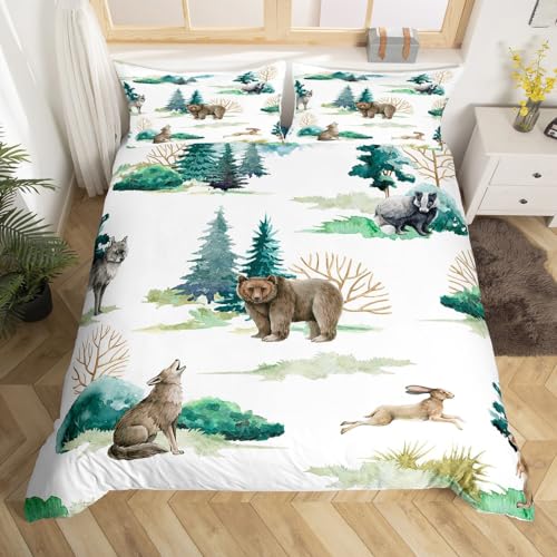 Bär Wolf Kaninchen Bettbezug Set S Größe Wilde Tiere Tröster Abdeckung Aquarell Natur Bergbaum Ansicht Bettwäsche Kinder Mädchen Jungen Erwachsenenzimmer Dekor,Weiß Grün Quilt Cover,1 Kissenbezug von Manfei