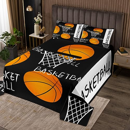 Basketball Tagesdecke S Größe Cartoon Basketball Bettwäsche Set Kinder Jungen Männer Jugendzimmer Dekor Sportspiele Tröster Set Moderne Mode Schwarz Weiß Orange Quilt Set,1 Kissenbezug von Manfei