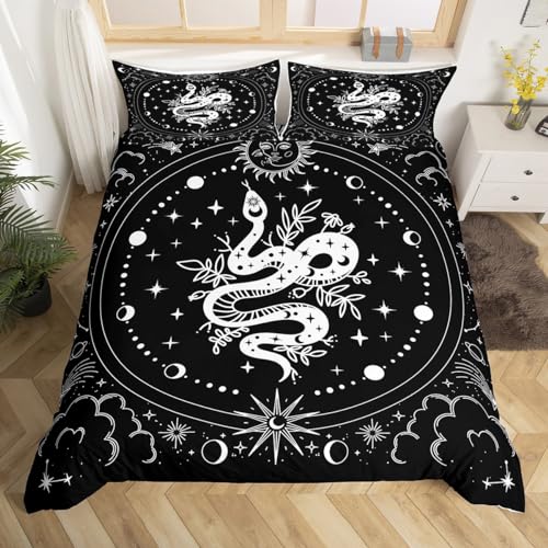 Boho Snake Bedruckte Bettwäsche Set S Größe,Schwarz Weiß Sun Moon Bettbezug Set,Sternenhimmel Galaxy Wolke Tröster Abdeckung Kinder Jungen Mädchen Erwachsener Schlafzimmer Dekor Gothic Quilt Cover von Manfei