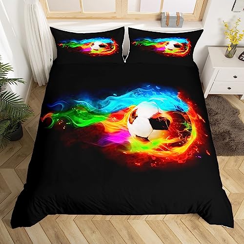 Bunte Flamme Fußball Bettbezug Set S Größe,Kinder Fußball Sport Spiele Tröster Abdeckung,Jungen Teens Mode 3D Fußball Bettwäsche Set,Cool Modern Schlafzimmer Dekor Schwarz Quilt Cover,1 Kissenbezug von Manfei