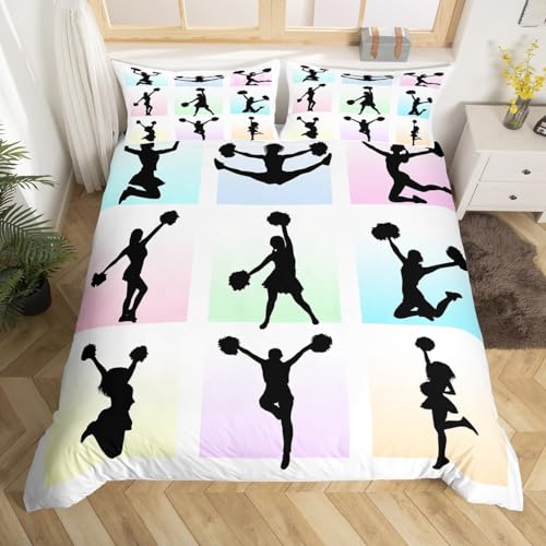 Cheerleading Bettbezug Set M Größe,Cheerleader Silhouette Bettwäsche Set Kinder Mädchen Frau Zimmer Dekor,Regenbogen Bunte quadratische Plaid Tröster Abdeckung Tanzen Sport Liebhaber Quilt Cover von Manfei