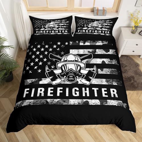 Feuerwehr Bettbezug Set M Größe,Retro amerikanische Flagge Patriotische USA Flagge Bettwäsche Mädchen Jungen Erwachsene,Feuerwehr LKW Tröster Abdeckung,Schwarz Grau Camo Quilt Cover,1 Kissenbezug von Manfei