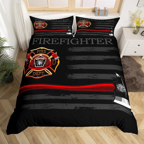 Feuerwehrmann Bettbezug Set S Größe,amerikanische Flagge geometrische Streifen Bettwäsche Set,Jungen Mädchen,Feuerwehrwagen Werkzeuge Tröster Abdeckung,rote schwarze Mode Quilt Cover,1 Kissenbezug von Manfei