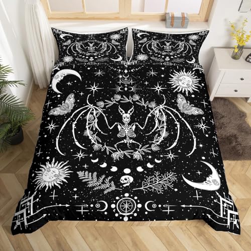 Fledermaus Tier Skelett Bettbezug Set S Größe,Sonne und Mond Bettwäsche Set,Schwarze weiße Sterne Schmetterling Tröster Abdeckung Kinder Mädchen Zimmer,Gothic Hippie Stil Quilt Cover,1 Kissenbezug von Manfei