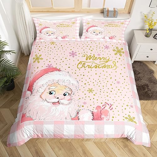 Frohe Weihnachten Bettbezug Set S Größe,Cartoon Santa Claus Bettwäsche Kinder Mädchen Frau Zimmer Dekor,Rosa Weiß Plaid Tröster Abdeckung Gold Glitter Schneeflocke Druck Quilt Cover,1 Kissenbezug von Manfei