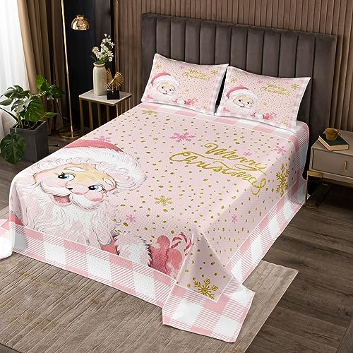 Frohe Weihnachten Tagesdecke S Größe,Cartoon Santa Claus Bettwäsche Kinder Mädchen Frau Zimmer Dekor,Rosa Weiß Plaid Tröster Set Gold Glitter Schneeflocke Druck Quilt Coverlet,1 Kissenbezug von Manfei