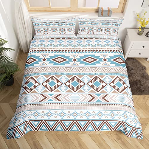 Geometrische Azteken Muster Bettbezug Set L Größe,abstrakte Geometrie Patchwork Bettwäsche Set,Jungen Mädchen Erwachsene,Boho Tribal Ethnische Tröster Abdeckung,blau braun Quilt Cover,2 Kissenbezug von Manfei