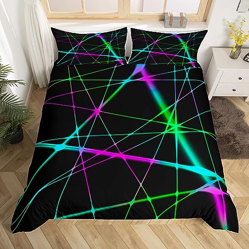 Geometrische Linien Bettbezug Set S Größe,Neon Blau Lila Grün Bettwäsche Set Kinder Mädchen Erwachsenenzimmer Dekor,Mode Moderne Tröster Abdeckung Schwarz Mikrofaser Quilt Cover,1 Kissenbezug von Manfei