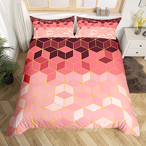 Geometrische abstrakte Bettbezug Set L Größe,Rosa Quadrat Hexagon Bettwäsche Set,Kinder Mädchen Frauen Moderne Bunte Diamant Tröster Abdeckung Mode 3D Quilt Cover,2 Kissenbezug von Manfei