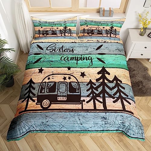 Glückliche Camping Bettbezug S Größe Camper Bettbezug Cartoon Nette RV Druck Bettwäsche Set Kid Boys Mädchen Schlafzimmer Dekor Holzbrett Tröster Abdeckung, 1 Kissenbezug von Manfei