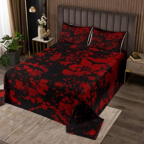 Halloween Fledermaus Tagesdecke L Größe,Rot Schwarz Tie-Dye Bettwäsche Set,Western Horror Stil Tröster Set Mädchen Jungen Teens Zimmer Dekor,Fliegende Tiere Druck Quilt Coverlet,2 Kissenbezug von Manfei