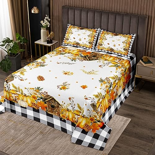 Herbst Rustikale Bauernhaus Bettwäsche Set S Größe Kürbis Pilz Ahorn Blätter Blume Tagesdecke Schwarz Weiß Plaid Tröster Set Kinder Mädchen Frauen Natur Botanische Coverlet Quilt,1 Kissenbezug von Manfei