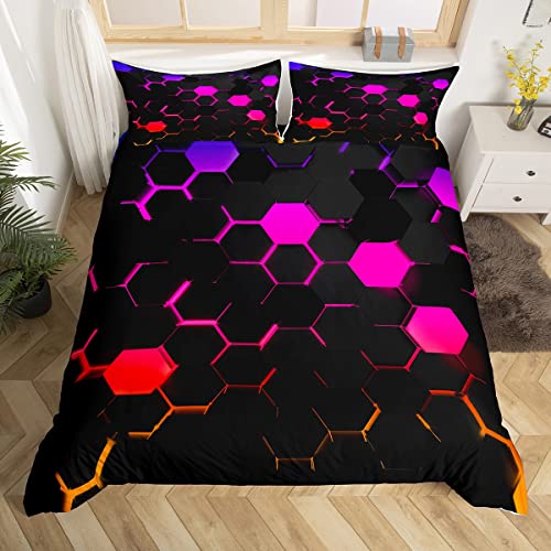 Honeycomb Kinder Bettwäsche Set S Größe,3D Rot Neon Licht Hexagon Bettbezug Set Jungen Mädchen Mode Gaming Tröster Abdeckung Teens Moderne Geometrie Quilt Cover mit 1 Kissenbezug,Schwarz von Manfei