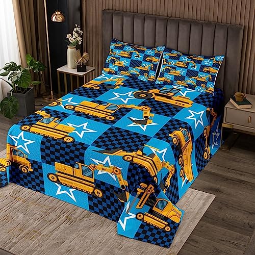 Kinder Cartoon Auto Tagesdecke S Größe,Kinder Bagger Traktor Auto Bettwäsche Set Jungen Teens Mädchen Zimmer Dekor Blau Schwarz Geometrisches Gitter Patchwork Coverlet Set BAU Quilt Set von Manfei