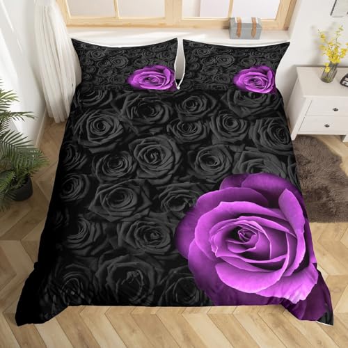 Lila Schwarz Rose Bettbezug Set S Größe,3D Natur Botanische Tröster Abdeckung Kinder Mädchen Frauen Zimmer Dekor,Romantische Valentinstag Bettwäsche Set Liebhaber Paar Quilt Cover,1 Kissenbezug von Manfei