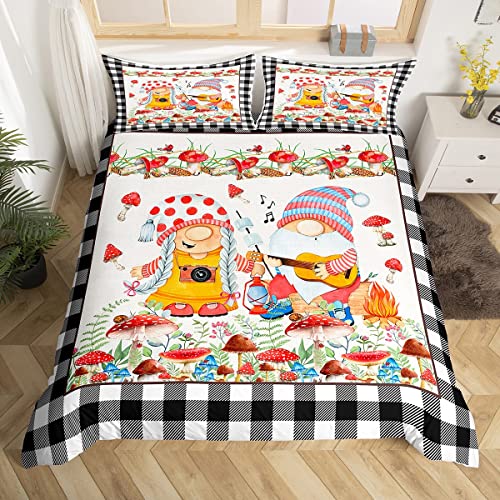 Manfei Cartoon Pilz Bettbezug S Größe GNOME Santa Claus Bettwäsche Set Schwarz Weiß Check Print Bettbezug, 1 Kissenbezug, Ostern Dekorationen Quilt Cover Weiche Mikrofaser von Manfei