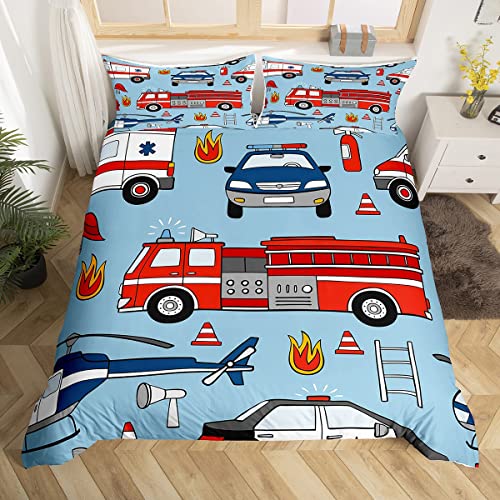 Manfei Feuerwehr LKW Kinder Bettbezug Set S Größe,Cartoon Polizei Auto Flugzeug Kleinkind Bettwäsche Set,Mädchen Erwachsene,Feuerwehr Werkzeuge Tröster Abdeckung,Rot Blau Quilt Cover,1 Kissenbezug von Manfei