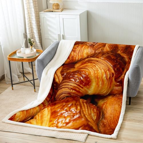 Manfei Frisch gebackene Croissants Bettüberwürfe frische butterige Croissants und Rollen Flanell-Fleecedecke für Couch, Sofa, Essen-Thema, Überwurfdecke, gemütliche, luxuriöse Bettdecke, Überwurfgröße (127 x 152 cm) von Manfei