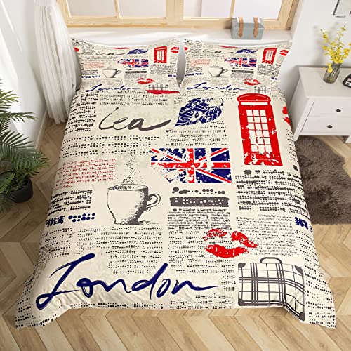 Manfei London Kinder Bettbezug Set S Größe,Berühmte England City Gebäude Bettwäsche Set,Mädchen Erwachsene,Telefonkabine Alte Zeitung Graffiti Tröster Abdeckung,Vintage Quilt Cover,1 Kissenbezug von Manfei