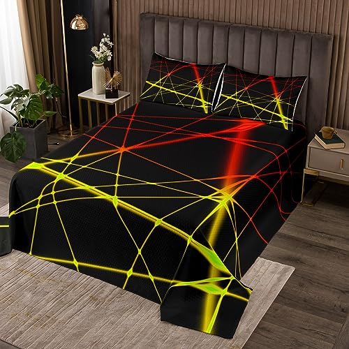 Manfei Rote gelbe geometrische Linien Tagesdecke M Größe,Neon Bunte Bettwäsche Set Kinder Jungen Erwachsenenzimmer Dekor,Mode Moderne Tröster Set Schwarz Mikrofaser Quilt Coverlet,2 Kissenbezug von Manfei