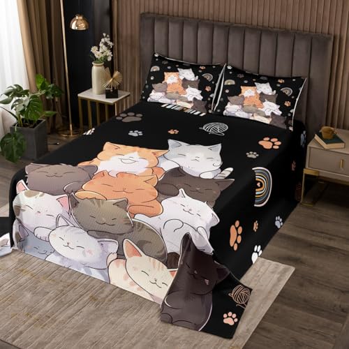 Nette Katze Bettwäsche Set M Größe,Bunte Katze Pfote Druck und Regenbogen Tagesdecke Kinder Mädchen Jungen Teens Zimmer Dekor Cartoon Haustier Tiere Tröster Set Schwarz Quilt Coverlet,2 Kissenbezug von Manfei