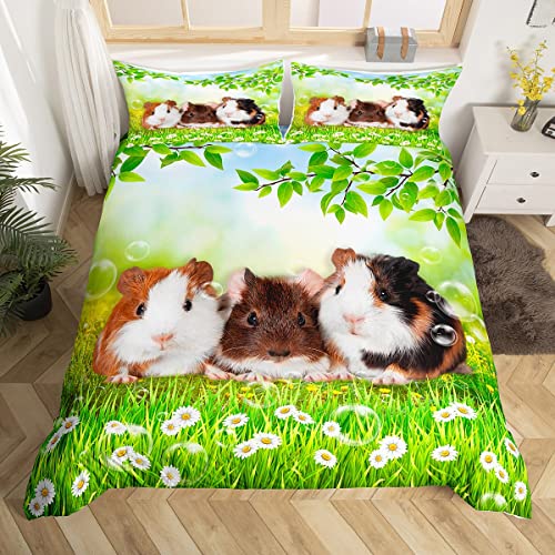 Nette Meerschweinchen Kinder Bettbezug Set S Größe,Cartoon Tiere Haustiere Kleinkind Bettwäsche Set,Jungen Mädchen Erwachsene,Daisy Blumen Blätter Sommer Tröster Abdeckung,Romantische Quilt Cover von Manfei