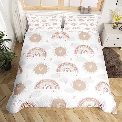 Nette Regenbogen Kinder Bettbezug Set S Größe Kind Cartoon Rosa Regenbogen Bettwäsche Set Mädchen Jungen Frauen Zimmer Dekor Boho Wolke Streifen Tröster Abdeckung Licht Khaki Weiß Quilt Cover von Manfei